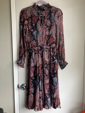 Banana Republic x Olivia Palermo Crepe Paisley Ruffled Dress Tie Neck Size S